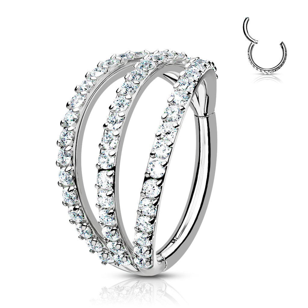 Silver Hinged Hoop with Triple Layer Paved CZ - 16g - 8-10mm - High Quality Precision 316L Surgical Steel Hinged Segment Hoop Ring