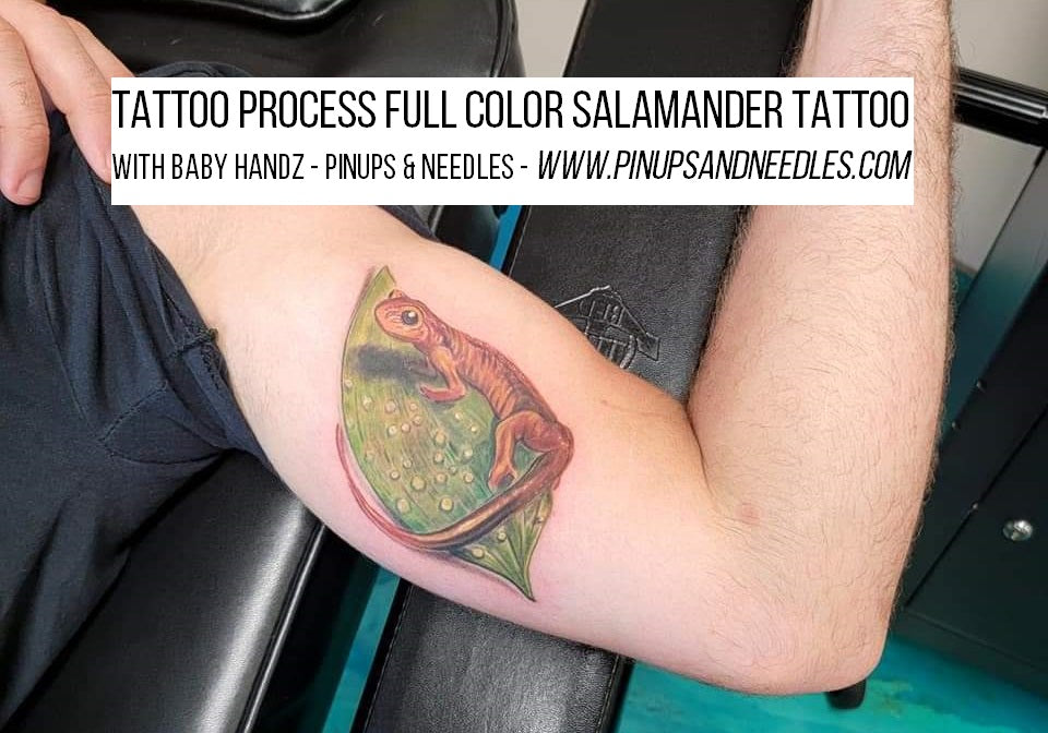 Tattoo Process Full Color Salamander Tattoo With Baby Handz - Pinups & Needles