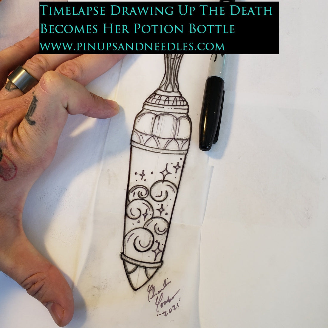 Timelapse Drawing Up The Death Becomes Her Potion Bottle With Baby Handz Presented By Pinups And Needles