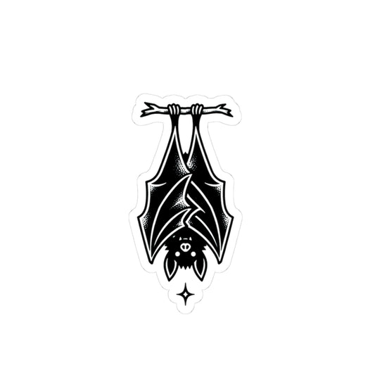 Goth Battie | Hanging Bat Sticker | Gothic Bat Vinyl Decal | Tattoo Flash Inspired Blackwork Art | Spooky Cute Sticker
