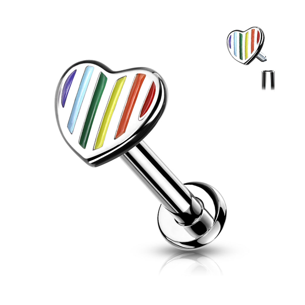 Rainbow Striped Heart Top Internally Threaded 316L Surgical Steel Flat Back Stud 16g