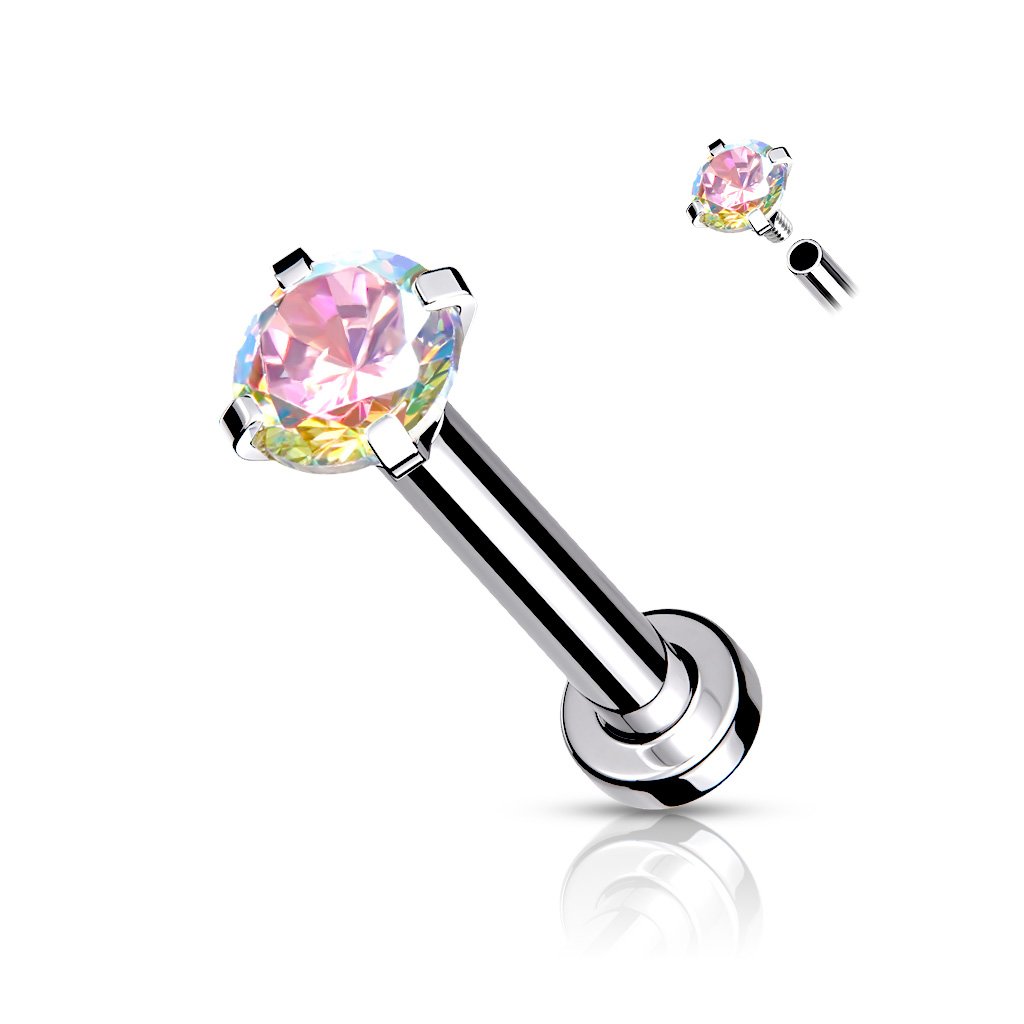 CZ Prong Set Top Internally Threaded Micro Base 316L Surgical Steel Labret, Flat Back Studs For Lip, Chin, Nose and More