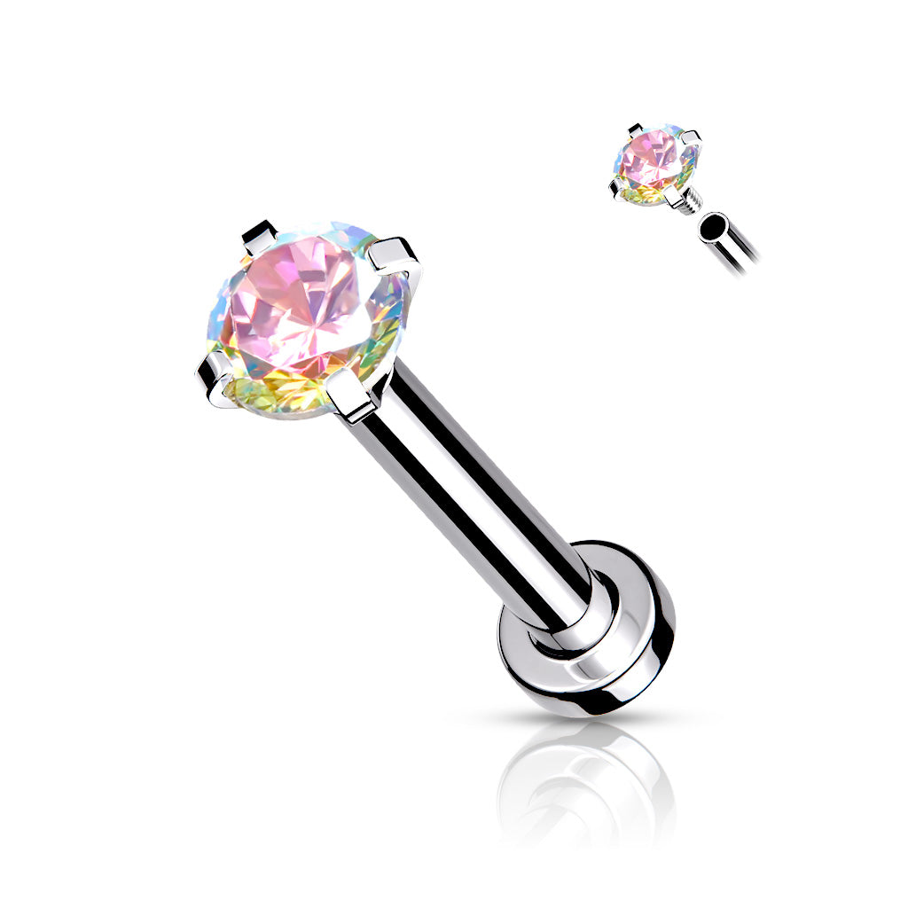 18g Aurora Borealis Gem Prong Top Internally Threaded Micro Base 316L Surgical Steel Labret, Flat Back Stud