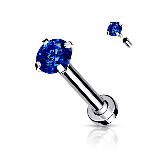 18g Blue Gem Prong Top Internally Threaded Micro Base 316L Surgical Steel Labret, Flat Back Stud