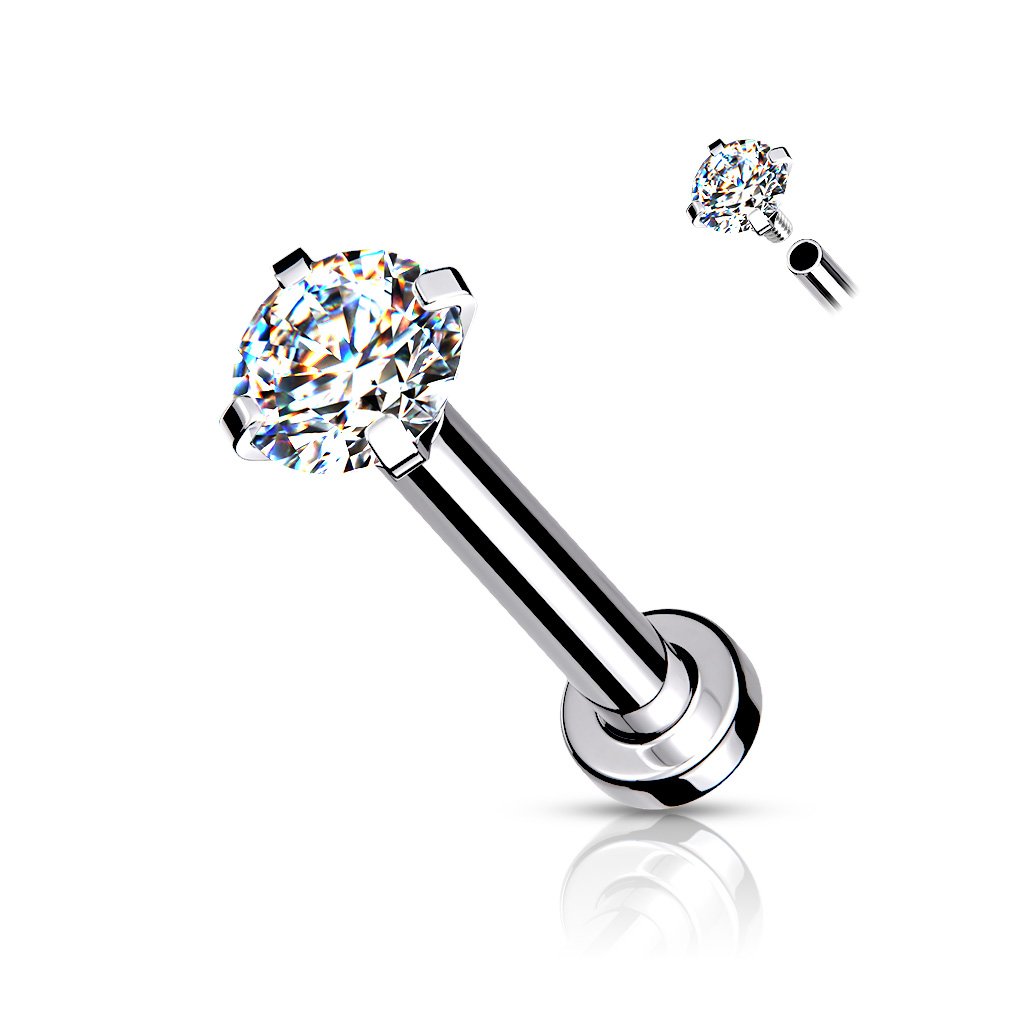 CZ Prong Set Top Internally Threaded Micro Base 316L Surgical Steel Labret, Flat Back Studs For Lip, Chin, Nose and More