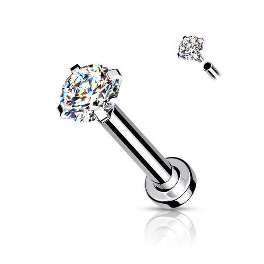 18g Clear Gem Prong Top Internally Threaded Micro Base 316L Surgical Steel Labret, Flat Back Stud