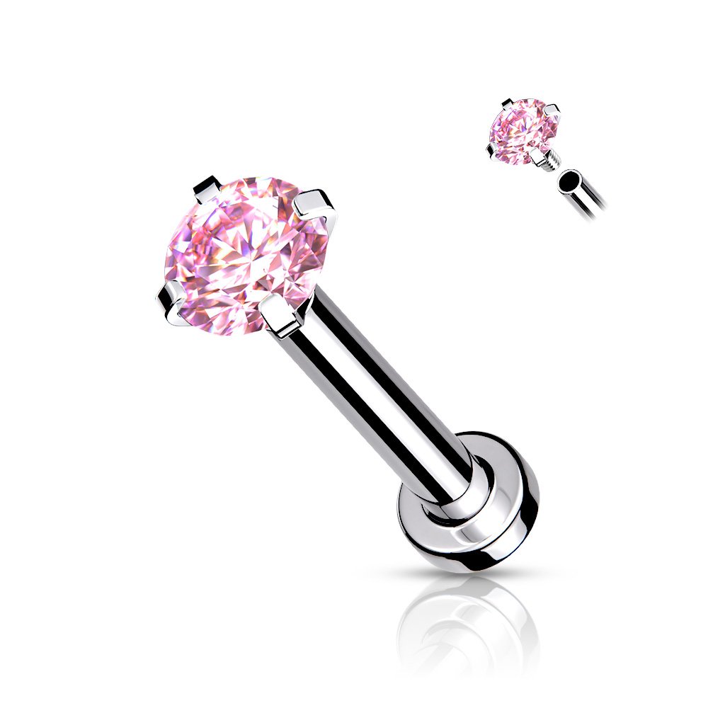 CZ Prong Set Top Internally Threaded Micro Base 316L Surgical Steel Labret, Flat Back Studs For Lip, Chin, Nose and More