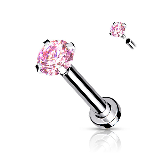 18g Pink Gem Prong Top Internally Threaded Micro Base 316L Surgical Steel Labret, Flat Back Stud