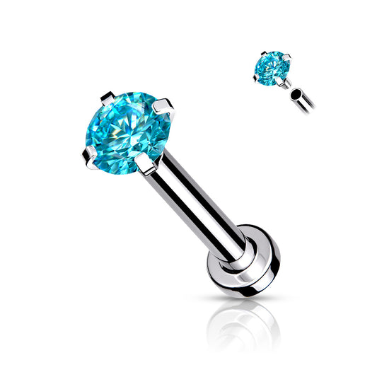 18g Aqua Gem Prong Top Internally Threaded Micro Base 316L Surgical Steel Labret, Flat Back Stud