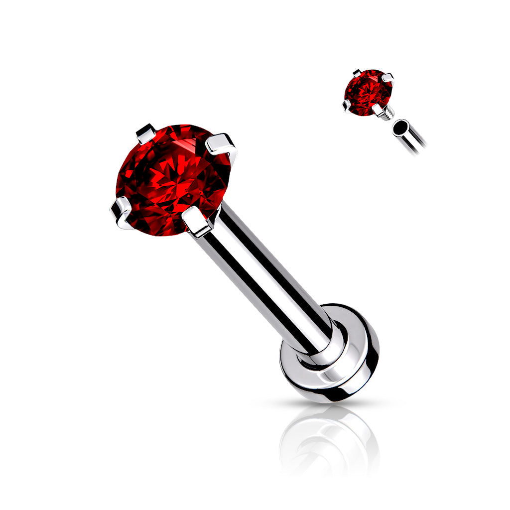 18g Red Gem Prong Top Internally Threaded Micro Base 316L Surgical Steel Labret, Flat Back Stud