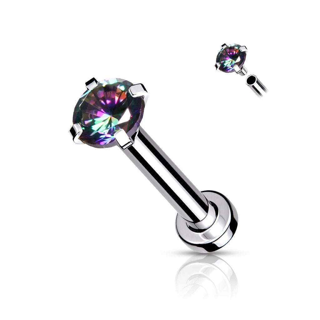 CZ Prong Set Top Internally Threaded Micro Base 316L Surgical Steel Labret, Flat Back Studs For Lip, Chin, Nose and More