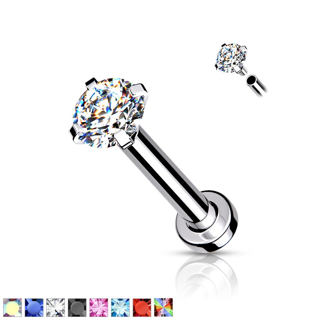 CZ Prong Set Top Internally Threaded Micro Base 316L Surgical Steel Labret, Flat Back Studs For Lip, Chin, Nose and More