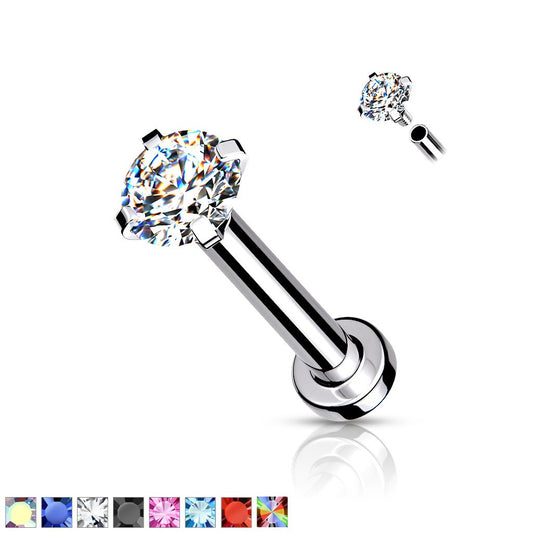 CZ Prong Set Top Internally Threaded Micro Base 316L Surgical Steel Labret, Flat Back Studs For Lip, Chin, Nose and More