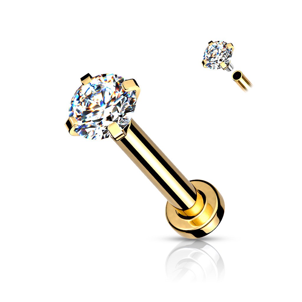 CZ Prong Set Top Internally Threaded Rose Gold, Gold, Black - PVD Over Micro Base 316L Surgical Steel Labret, Flat Back Studs For Lip, Chin, Nose and More