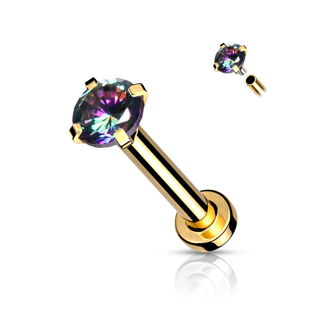 CZ Prong Set Top Internally Threaded Rose Gold, Gold, Black - PVD Over Micro Base 316L Surgical Steel Labret, Flat Back Studs For Lip, Chin, Nose and More