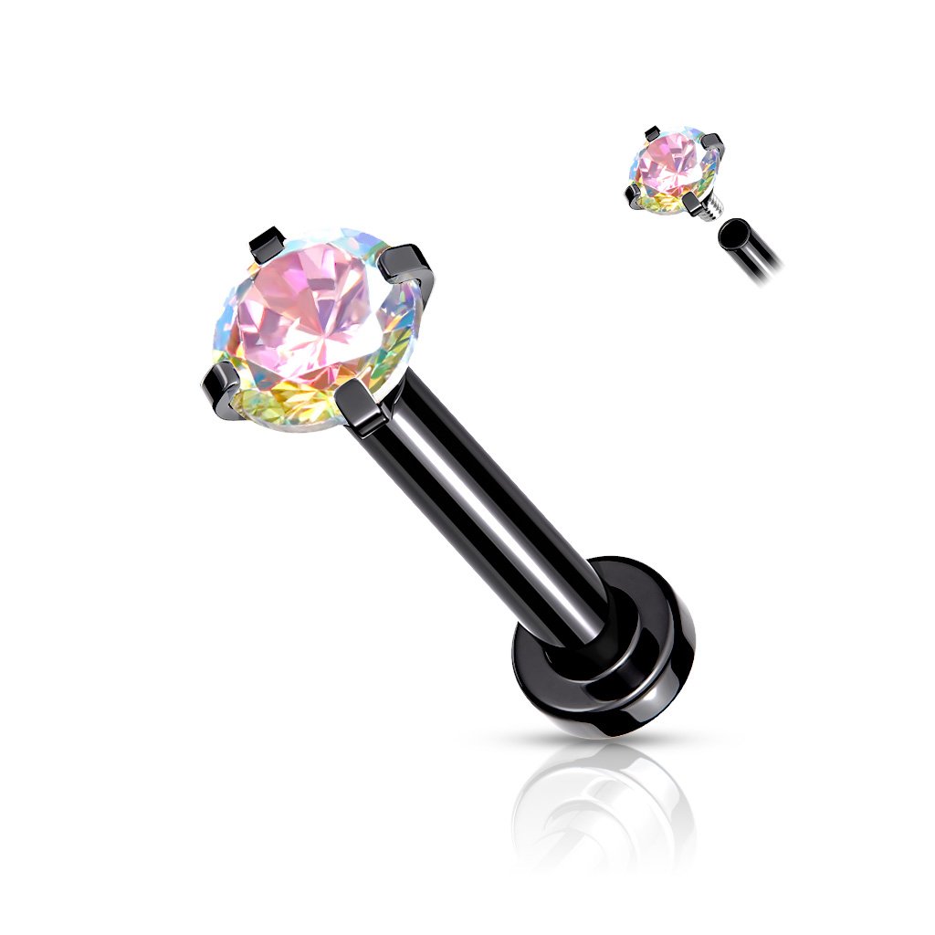 CZ Prong Set Top Internally Threaded Rose Gold, Gold, Black - PVD Over Micro Base 316L Surgical Steel Labret, Flat Back Studs For Lip, Chin, Nose and More