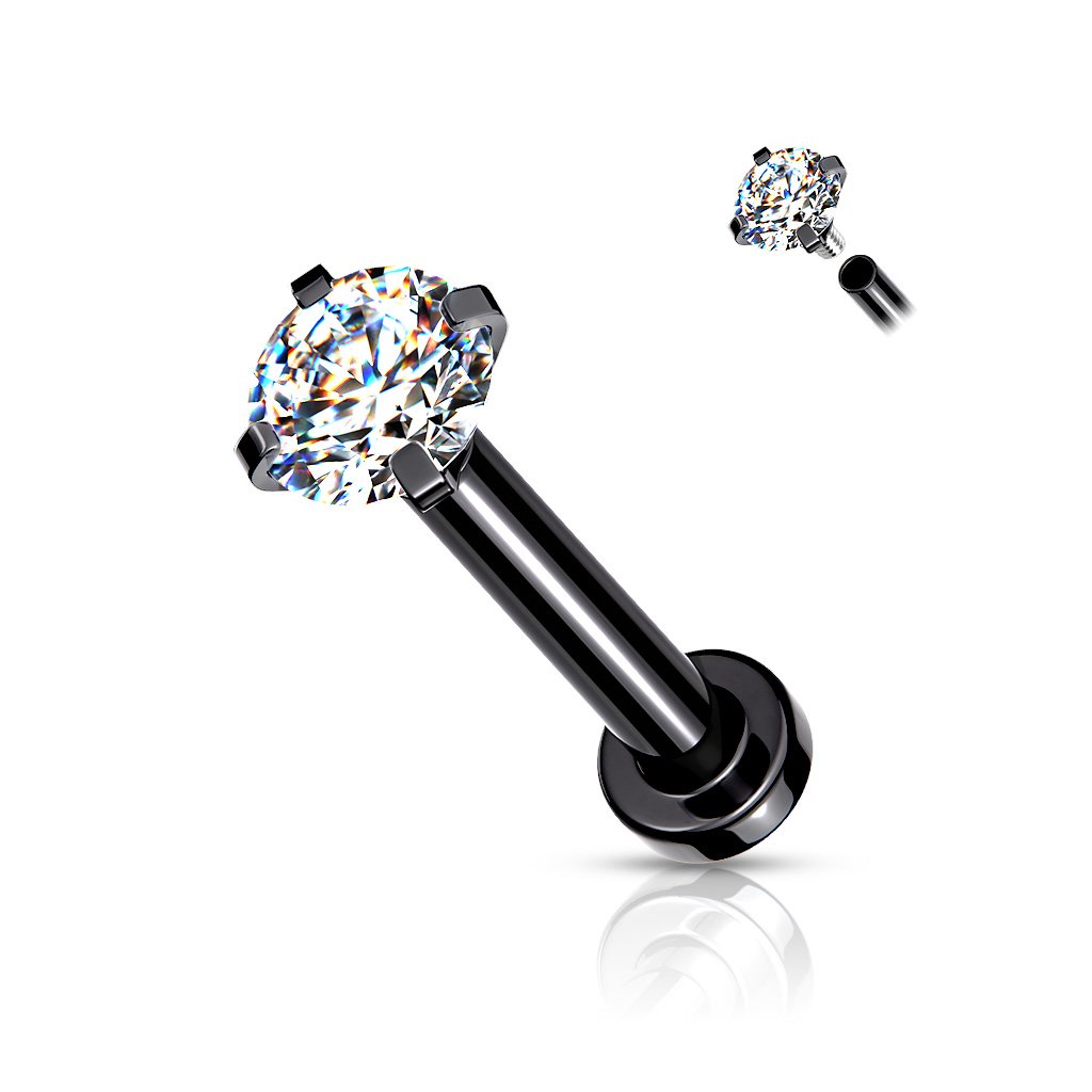 CZ Prong Set Top Internally Threaded Rose Gold, Gold, Black - PVD Over Micro Base 316L Surgical Steel Labret, Flat Back Studs For Lip, Chin, Nose and More