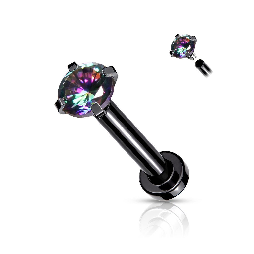 CZ Prong Set Top Internally Threaded Rose Gold, Gold, Black - PVD Over Micro Base 316L Surgical Steel Labret, Flat Back Studs For Lip, Chin, Nose and More