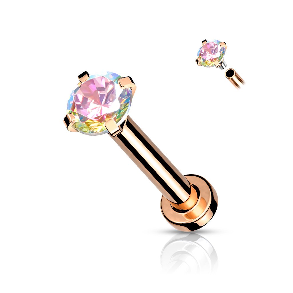 CZ Prong Set Top Internally Threaded Rose Gold, Gold, Black - PVD Over Micro Base 316L Surgical Steel Labret, Flat Back Studs For Lip, Chin, Nose and More