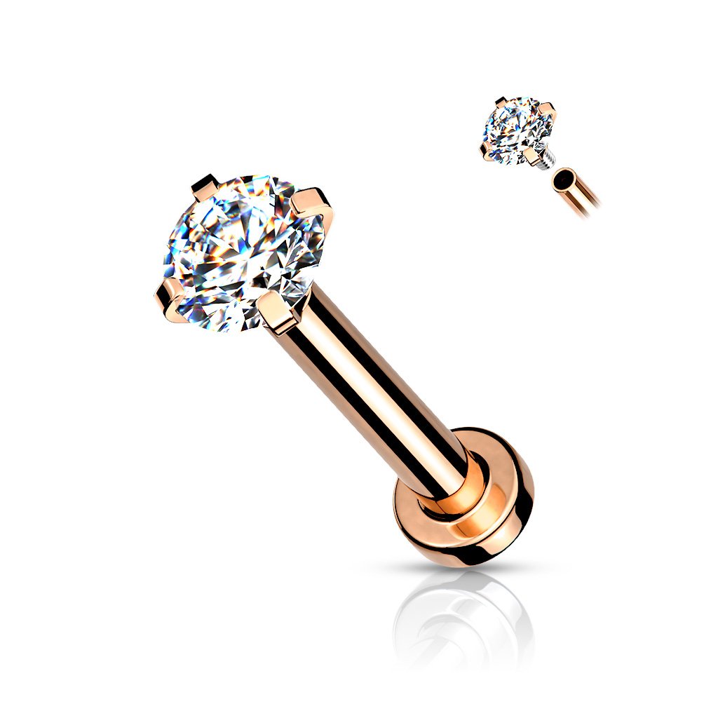 CZ Prong Set Top Internally Threaded Rose Gold, Gold, Black - PVD Over Micro Base 316L Surgical Steel Labret, Flat Back Studs For Lip, Chin, Nose and More