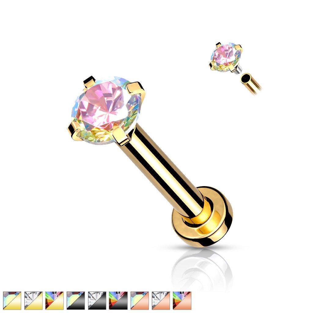 CZ Prong Set Top Internally Threaded Rose Gold, Gold, Black - PVD Over Micro Base 316L Surgical Steel Labret, Flat Back Studs For Lip, Chin, Nose and More