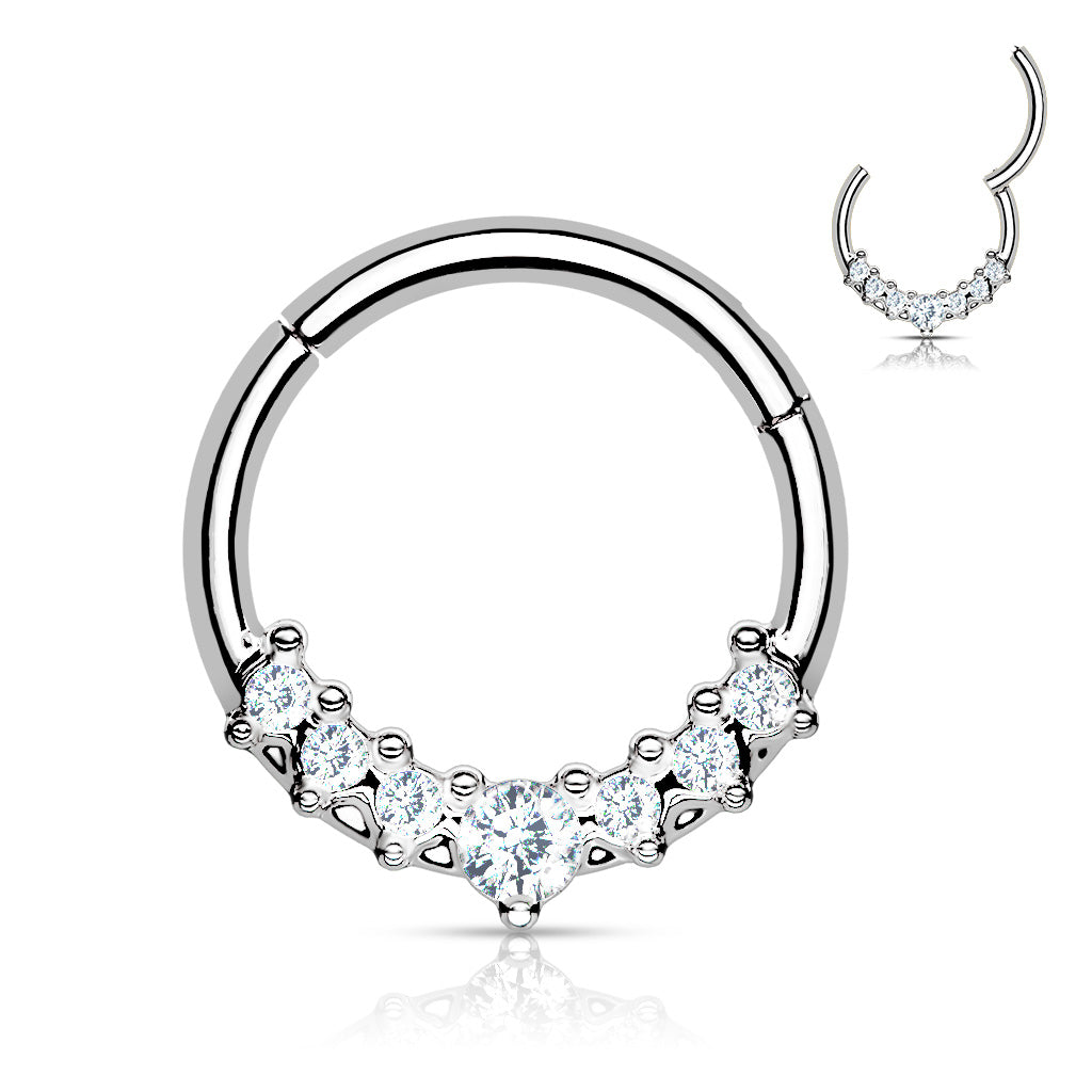 Silver Hinged Hoop with Lined CZ Fan - 16g - 8-10mm - High Quality Precision 316L Surgical Steel Hinged Segment Hoop Ring