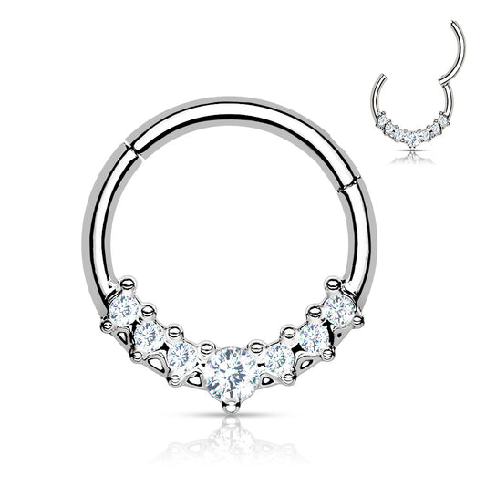 Silver Hinged Hoop with Lined CZ Fan - 16g - 8-10mm - High Quality Precision 316L Surgical Steel Hinged Segment Hoop Ring