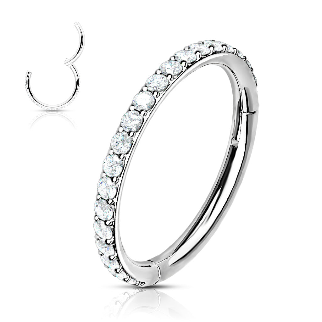 Silver Hinged Hoop with Single Layer Paved CZ - 16g - 8-10mm - High Quality Precision 316L Surgical Steel Hinged Segment Hoop Ring