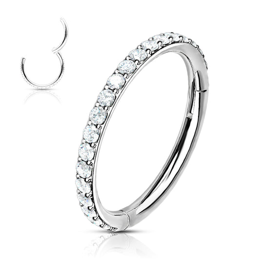 Silver Hinged Hoop with Single Layer Paved CZ - 16g - 8-10mm - High Quality Precision 316L Surgical Steel Hinged Segment Hoop Ring