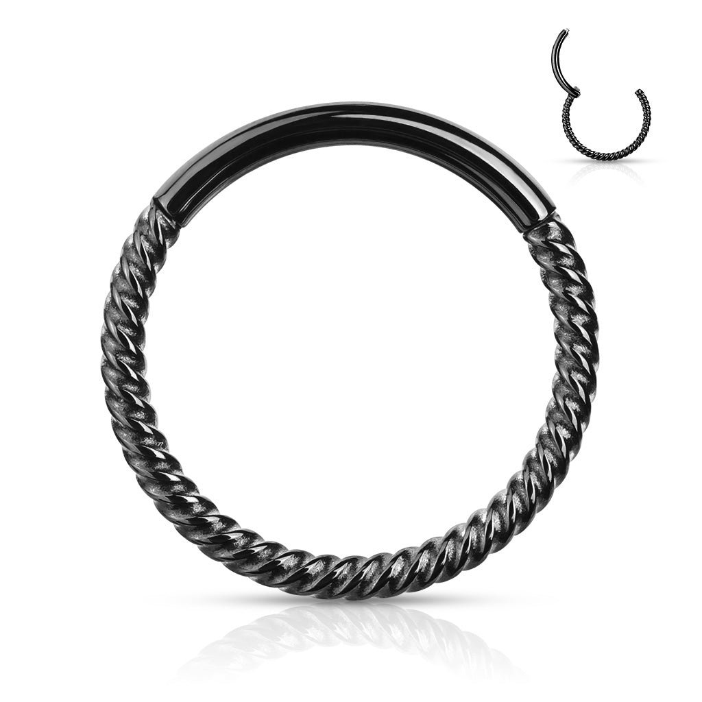 Black Braided Hinged Hoop - 16g - 8-10mm - High Quality Precision 316L Surgical Steel Hinged Segment Hoop Ring