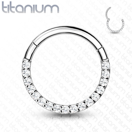 Hinged Hoop - 16g - Implant Grade Titanium - 8mm - Silver With Clear Gems