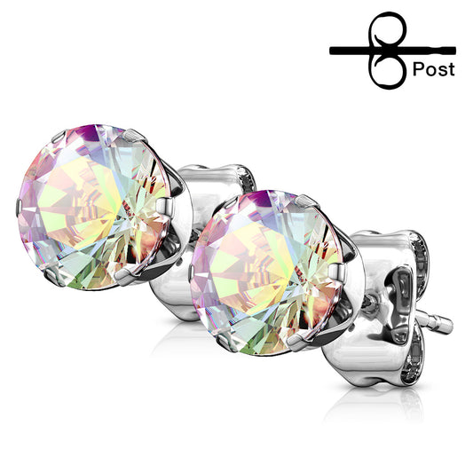 Aurora Borealis Pair of 20g - 316L Surgical Stainless Steel Stud Earrings with Round Gems