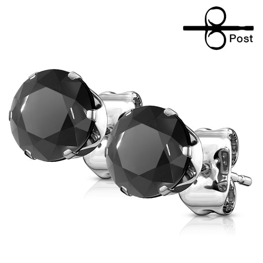 Black Pair of 20g - 316L Surgical Stainless Steel Stud Earrings with Round Gems