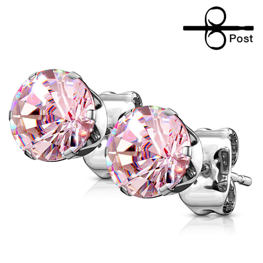 Pink Pair of 20g - 316L Surgical Stainless Steel Stud Earrings with Round Gems