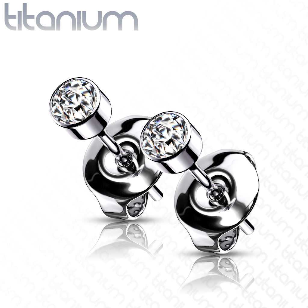 Pair of Implant Grade Titanium Bezel Set Gem Ear Stud Rings - 20g