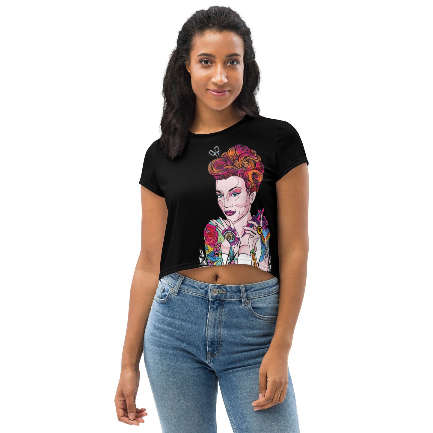 Pinups and Needles 2.0 Pinup Girl All-Over Print Crop Tee