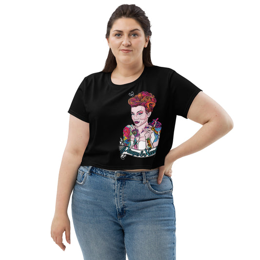 Pinups and Needles 2.0 Full Logo All-Over Print Crop Tee