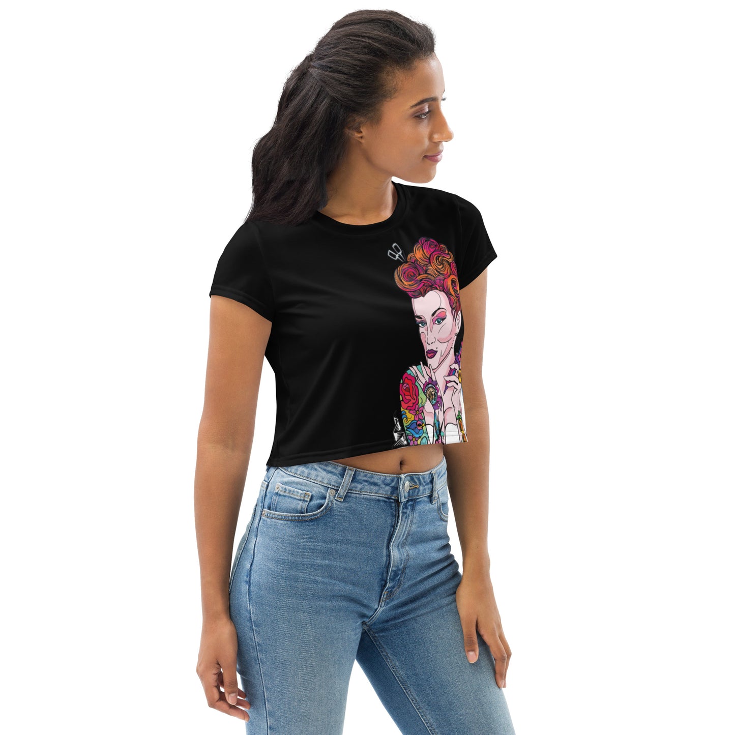 Pinups and Needles 2.0 Pinup Girl All-Over Print Crop Tee