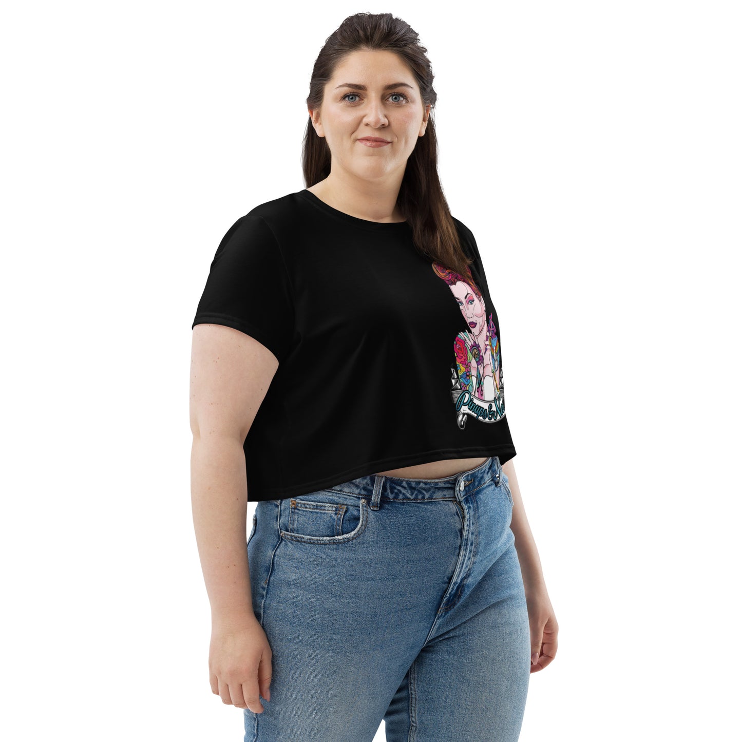 Pinups and Needles 2.0 Full Logo All-Over Print Crop Tee